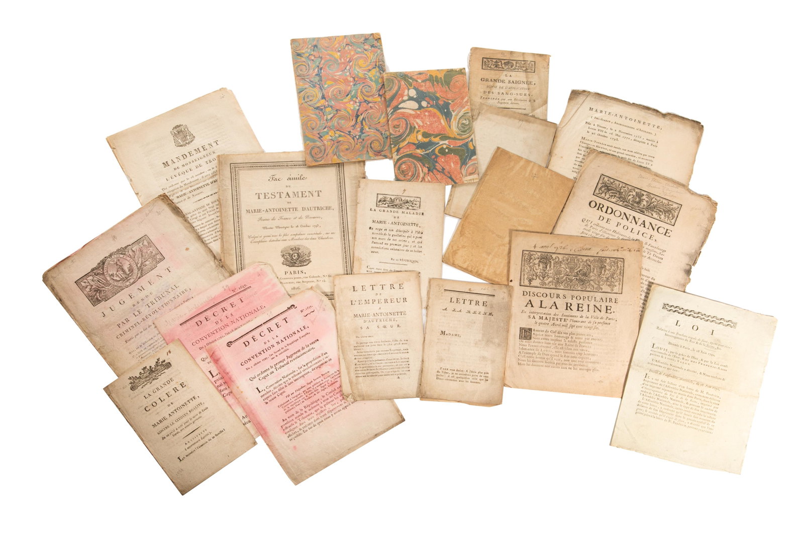 MARIE-ANTOINETTE PAMPHLETS (18 PAMPHLETS): Group of 18 pamphlets from the French Revolution concerning Marie-Antoinette, published between 1778 and 1816. French, late 18th - early 19th C.