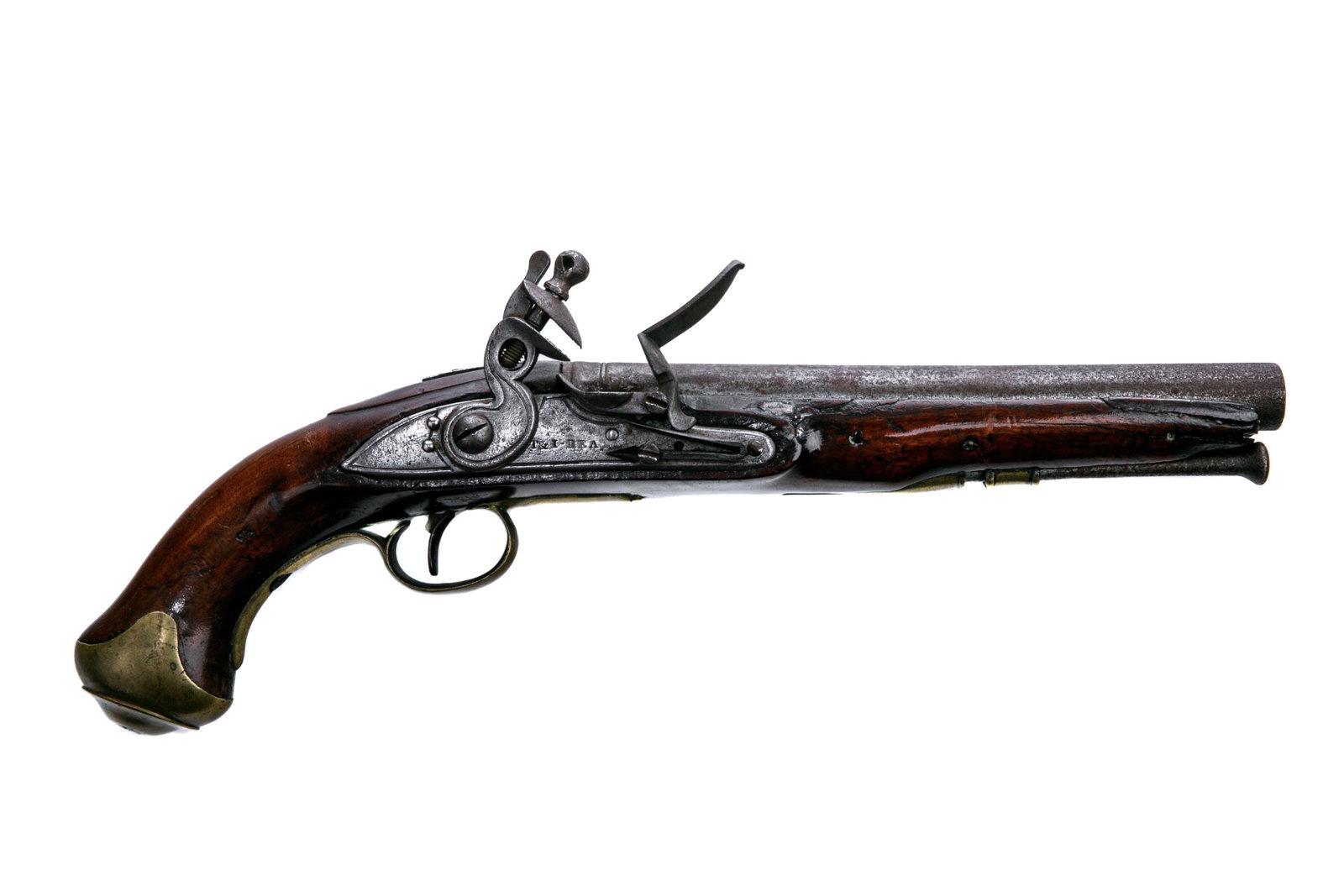 ENGLISH FLINTLOCK PISTOL: An English East India pattern contract pistol. Made by Thomas and John Rea of London circa 1815. The barrel bears London proof marks and the lock is marked T& I. Rea. Approximately 66 caliber. Overall