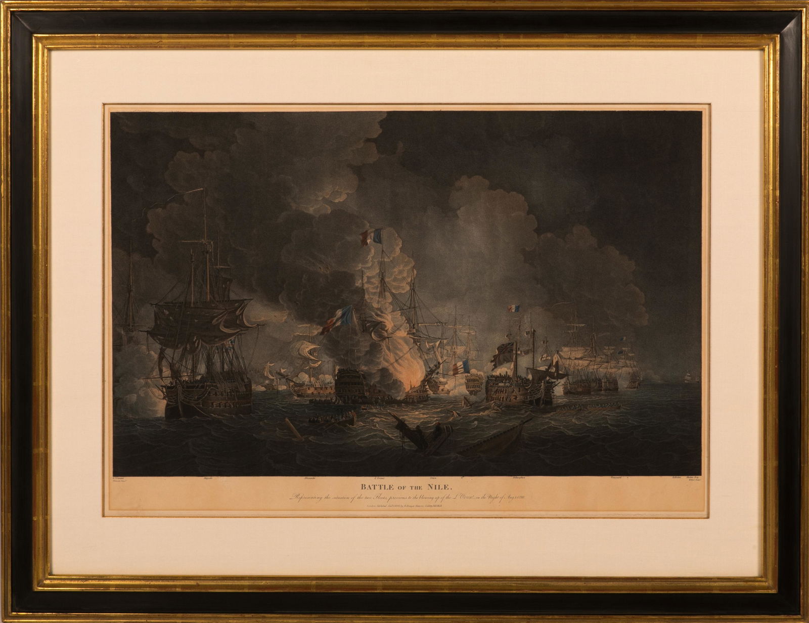 HELLYER. BATTLE OF THE NILE AFTER T. WHITCOMBE: Hellyer, Thomas "Battle of the Nile", after Thomas Whitcombe ca. 1806 Hand colored lithographMatted and framed H. 29 1/2 in. W. 37 3/4 in. Provenance: The Collection of Yarema Gribowski