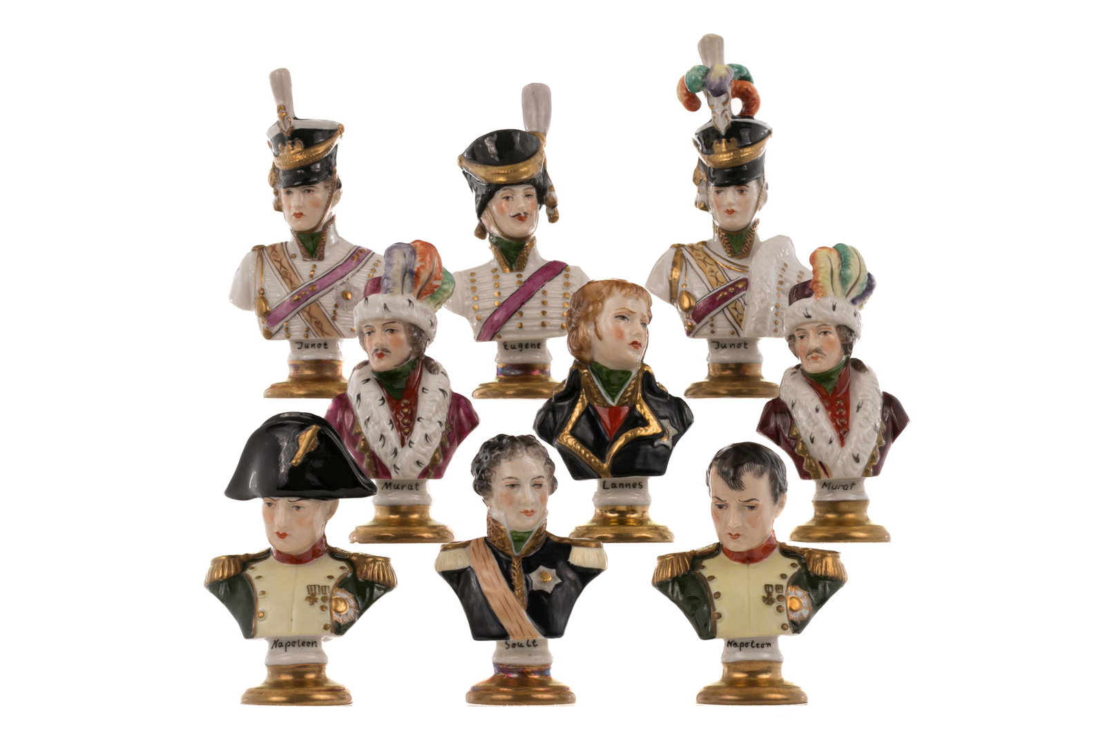 GROUP OF NINE SMALL NAPOLEONIC BUSTS: Two of the Emperor, and various Napoleonic Generals, by Company K (under a crown). H. of tallest: 13.5 cm (5 3/8 in.) Provenance: The Collection of Yarema Gribowski
