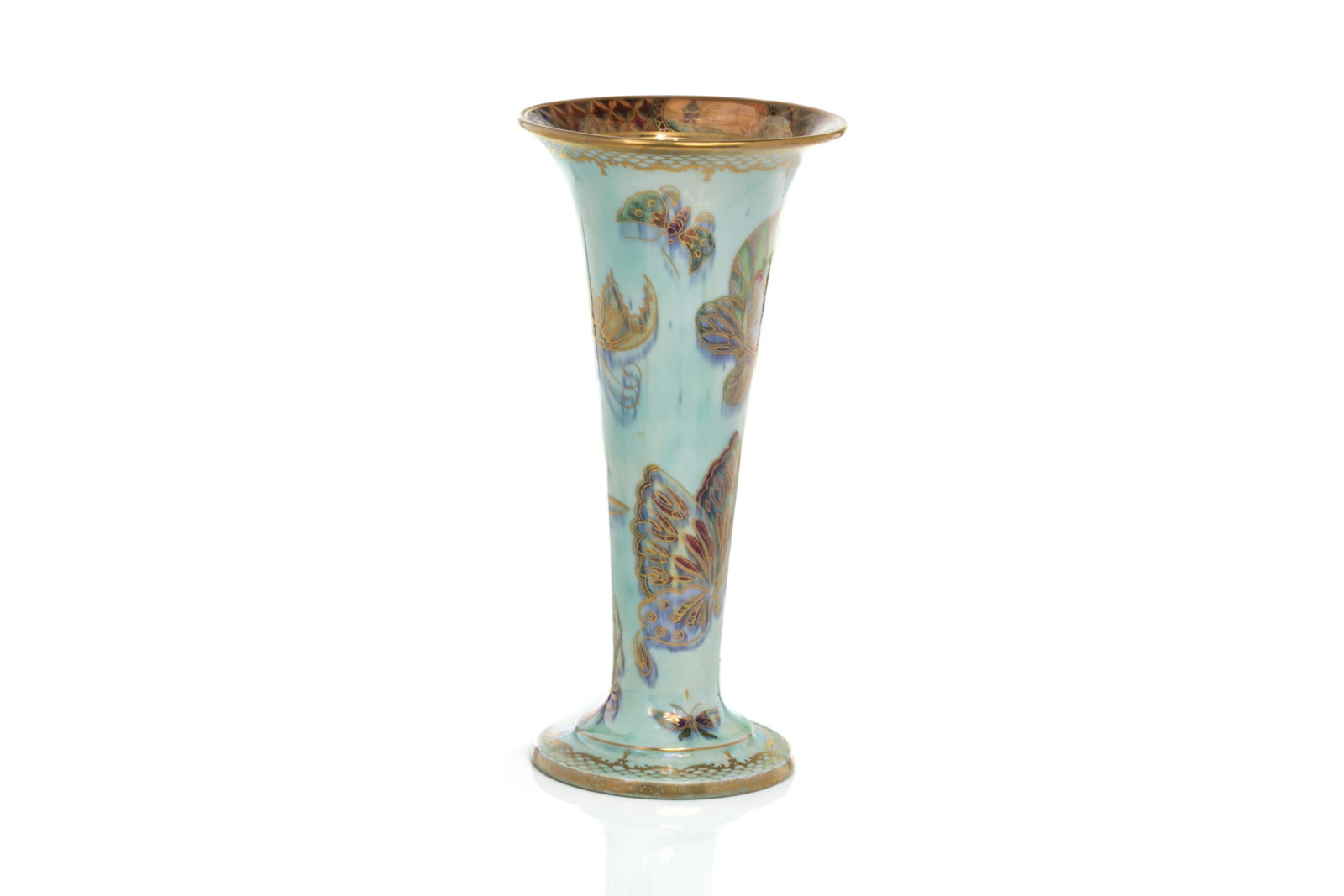 WEDGWOOD BUTTERFLY FAIRYLAND LUSTRE VASE: An early 20th C Wedgwood vase of trumpet form, blue mottled ground and lustre glaze. Decorated with repeated butterfly motif, the rim with gilded Chinoiserie banding. Circa 1920, with marks forWedgwoo