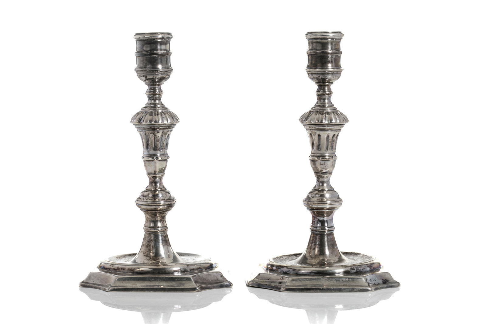 PAIR OF EARLY 18th C SILVER DUTCH CANDLESTICKS (1 of 8)