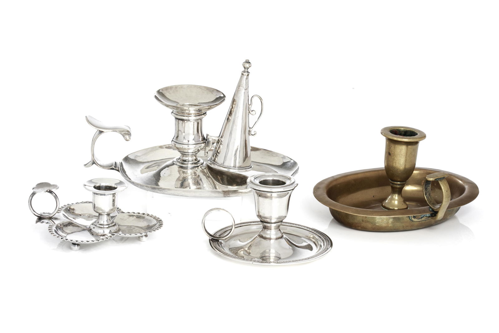 GROUP OF SILVER & BRASS CHAMBER STICKS, 463g (1 of 3)