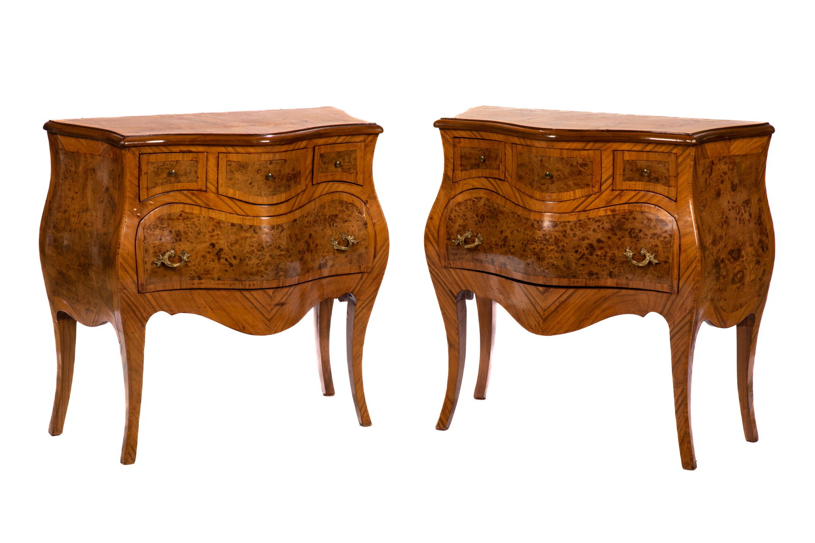 PAIR OF BURLED WALNUT BOMBE COMMODES (1 of 4)