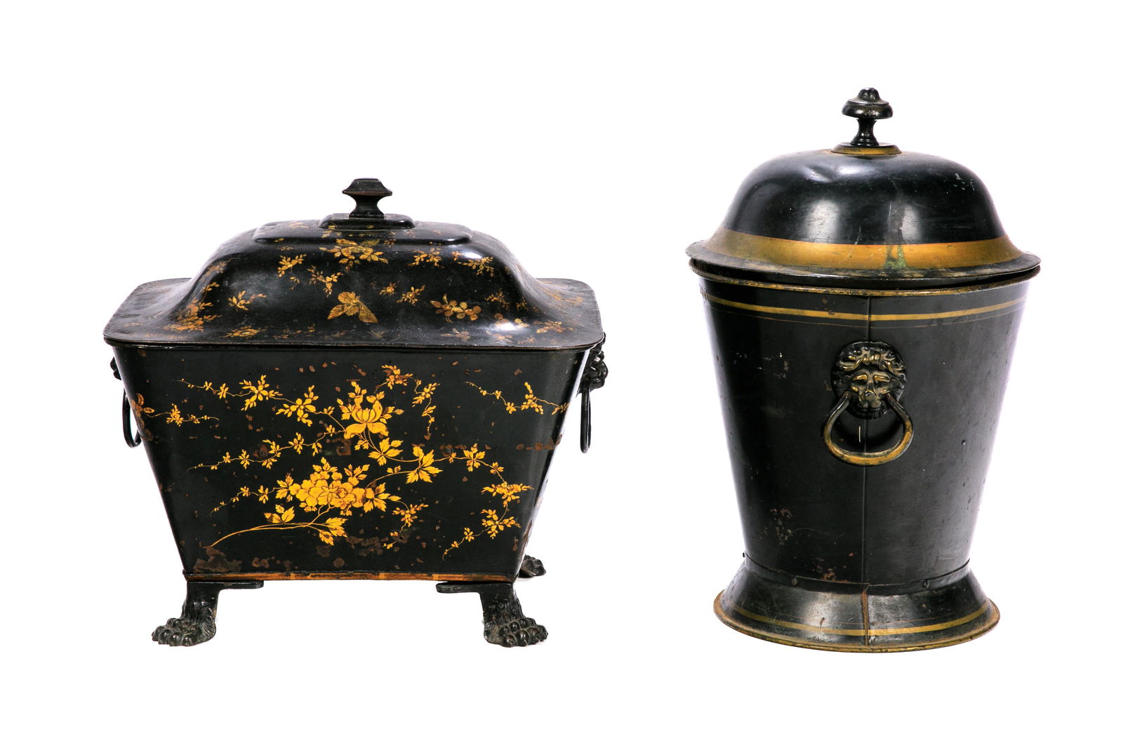 TWO ANTIQUE TOLEWARE PAINTED URNS (1 of 3)