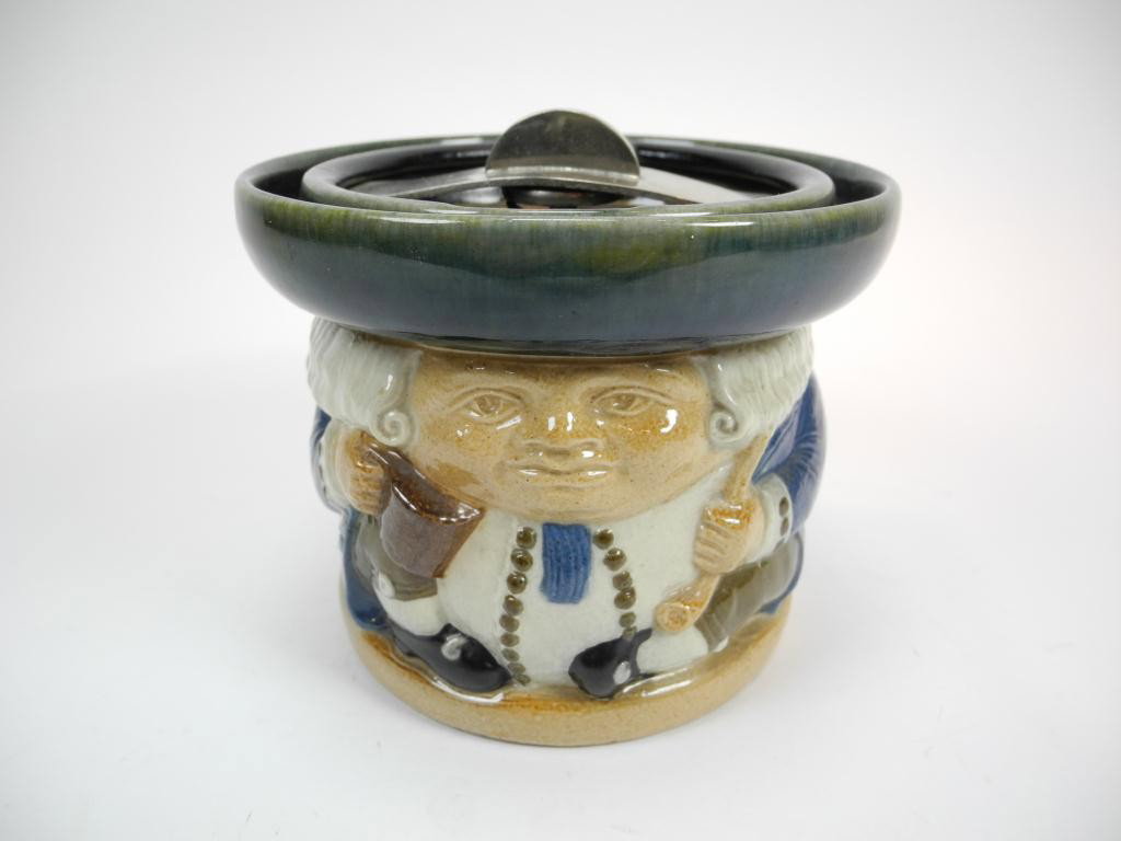 ROYAL DOULTON LAMBETH TOBY TOBACCO JAR: By Harry Simeon, of a man with a stein and pipe. H 4 1/2 in.