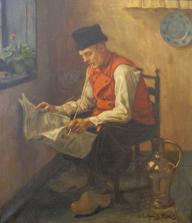 *SCHNITZ PLEIS (DUTCH SCHOOL EARLY 20TH CEN): Man reading paper and smoking Oil on canvas, signed lower right 31 1/2" x 27 1/2" (80cm x 70cm)
