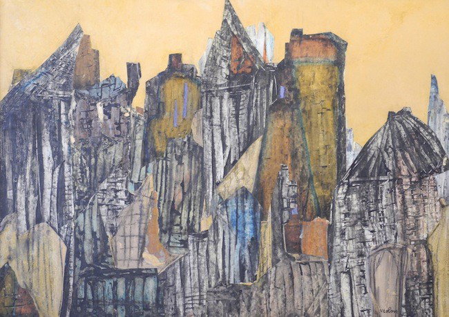 ANDRE VERLON alias WILLY VERKAUF (SWISS 1907-93): Untitled, Cityscape Gouache and collage on paper, laid down on board, signed lower right 50 x 36 in. (127 x 91 cm.)