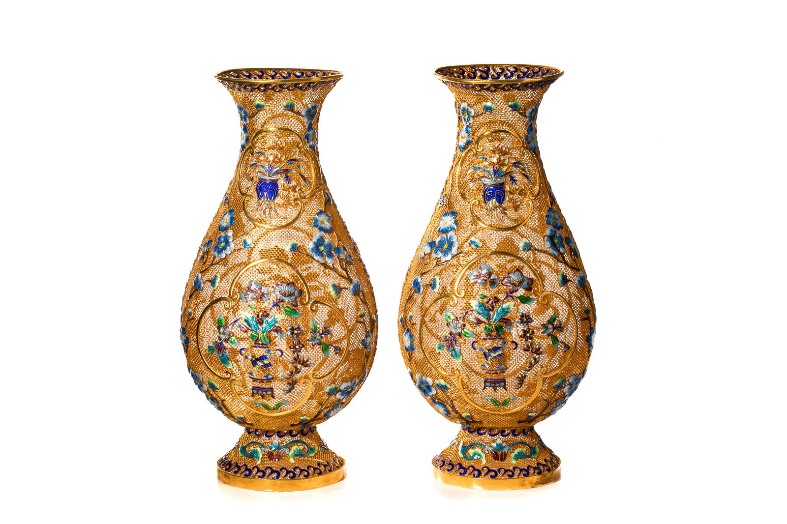 PAIR OF CHINESE ENAMELED GILT SILVER VERMEIL VASES (1 of 2)
