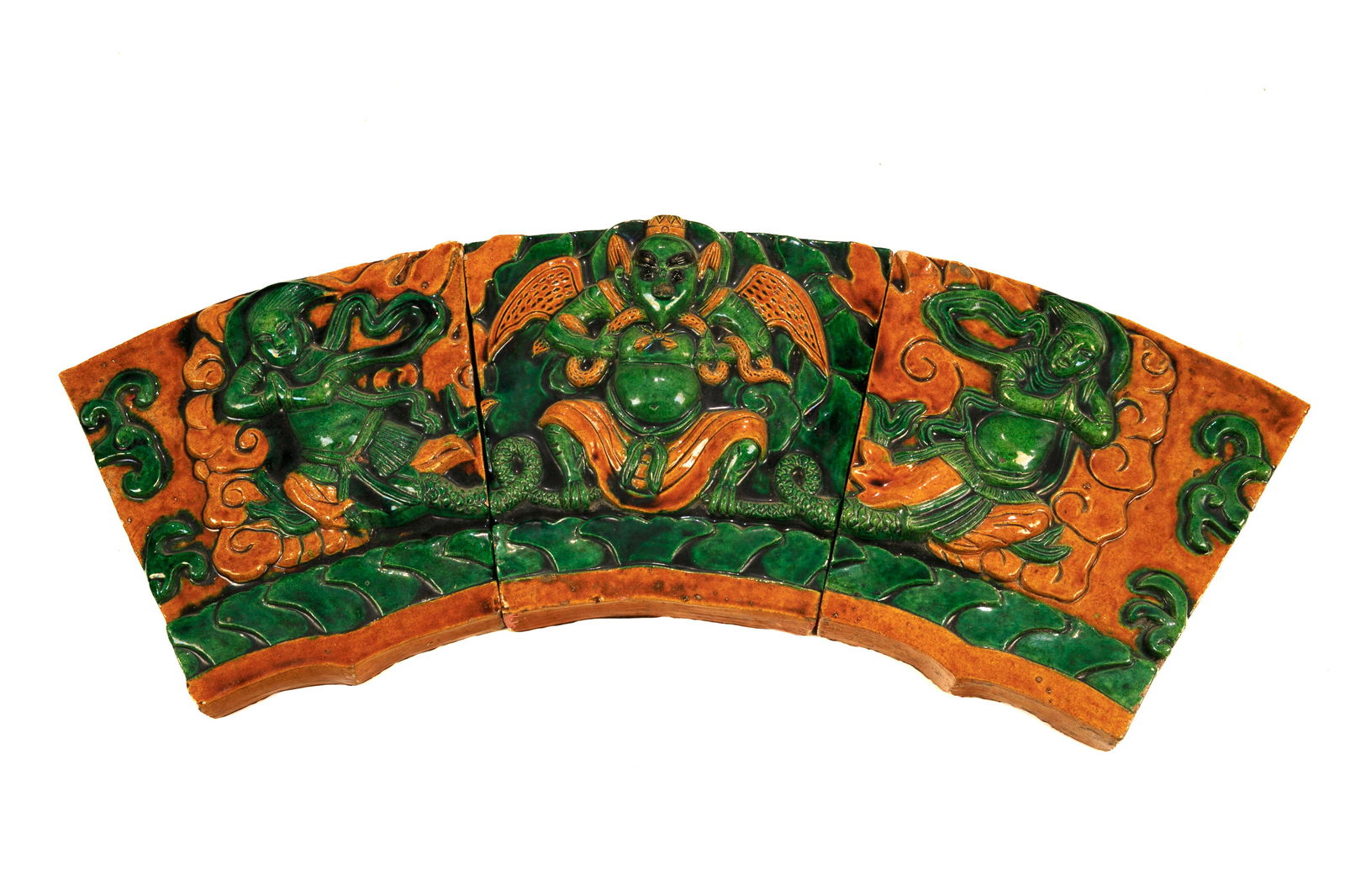 SET OF THREE YELLOW & GREEN GLAZED TILEWORK PANELS (1 of 3)