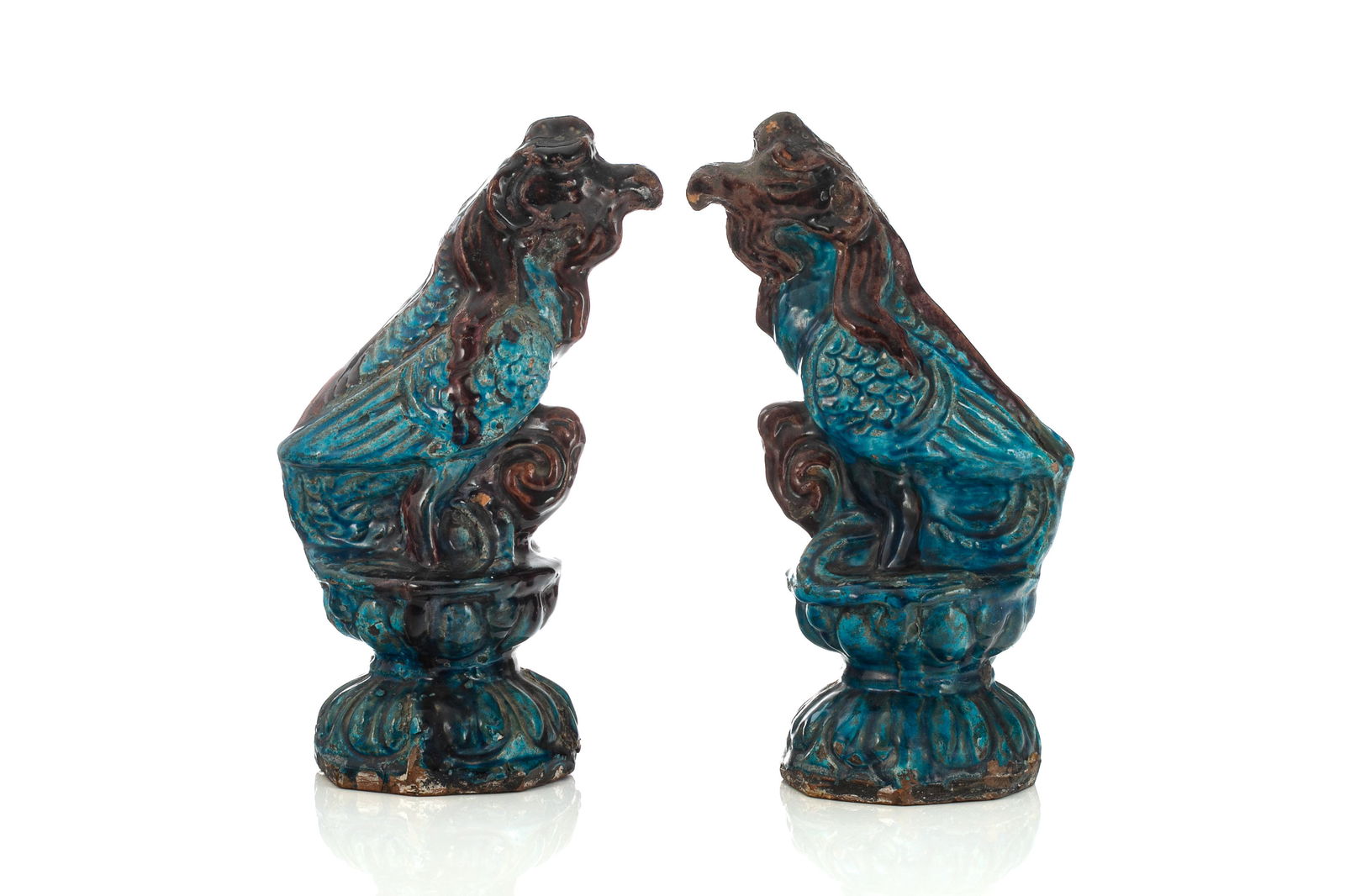 PAIR OF CHINESE TURQUOISE GLAZED MYTHICAL BEASTS (1 of 5)