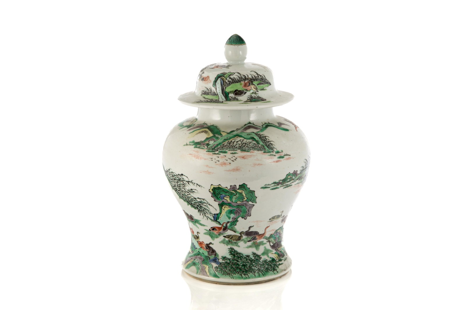 CHINESE FAMILLE VERTE PORCELAIN GEESE TEMPLE JAR: Chinese, late Qing dynasty, the jar and cover finely painted in famille verte palette, featuring groups of lively geese in a mountain and stream landscape, bearing symbolic meaning of "fei, ming, shi,