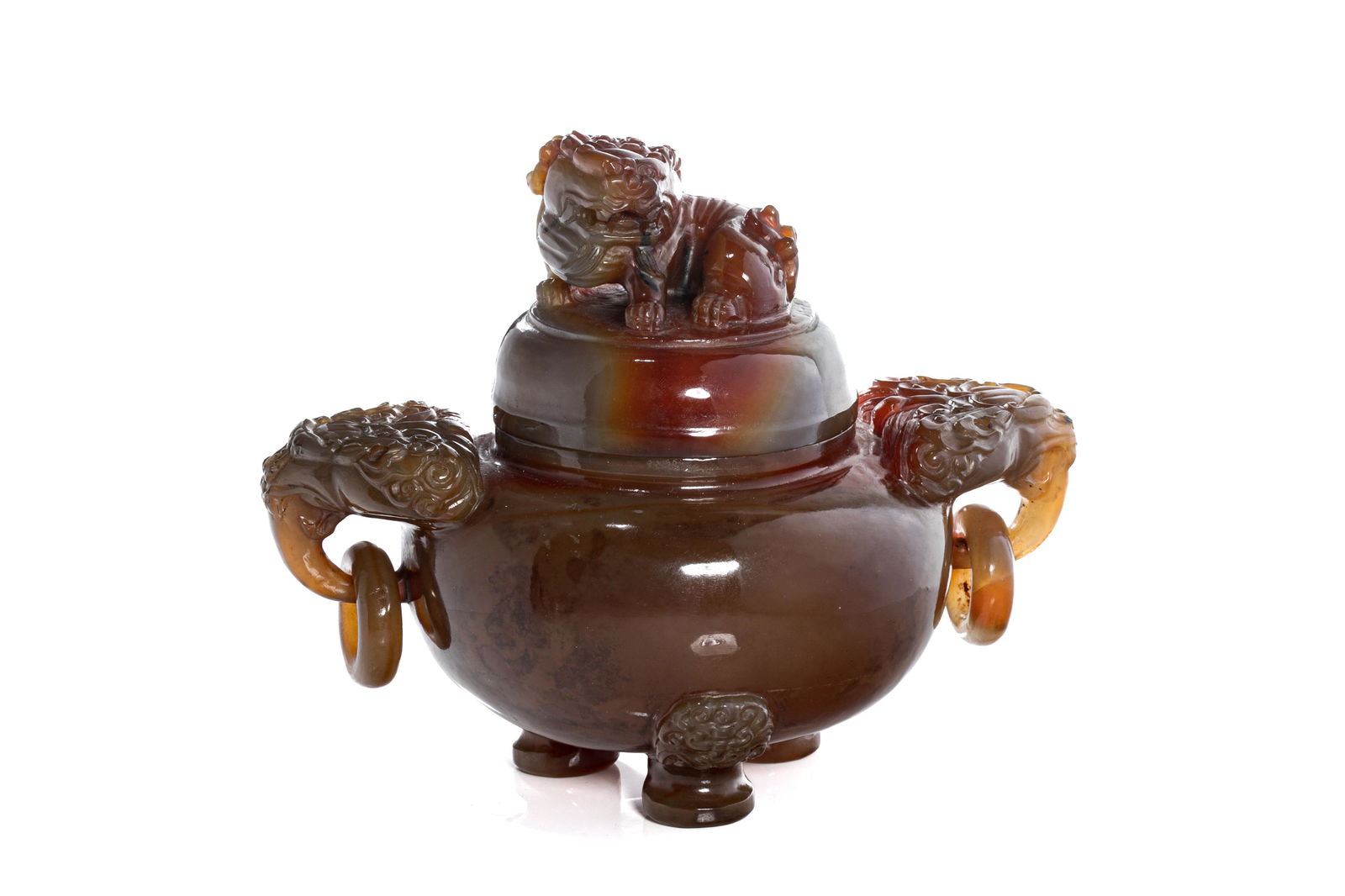 A CHINESE AGATE CARVED CENSER WITH FU LION FINIAL (1 of 3)