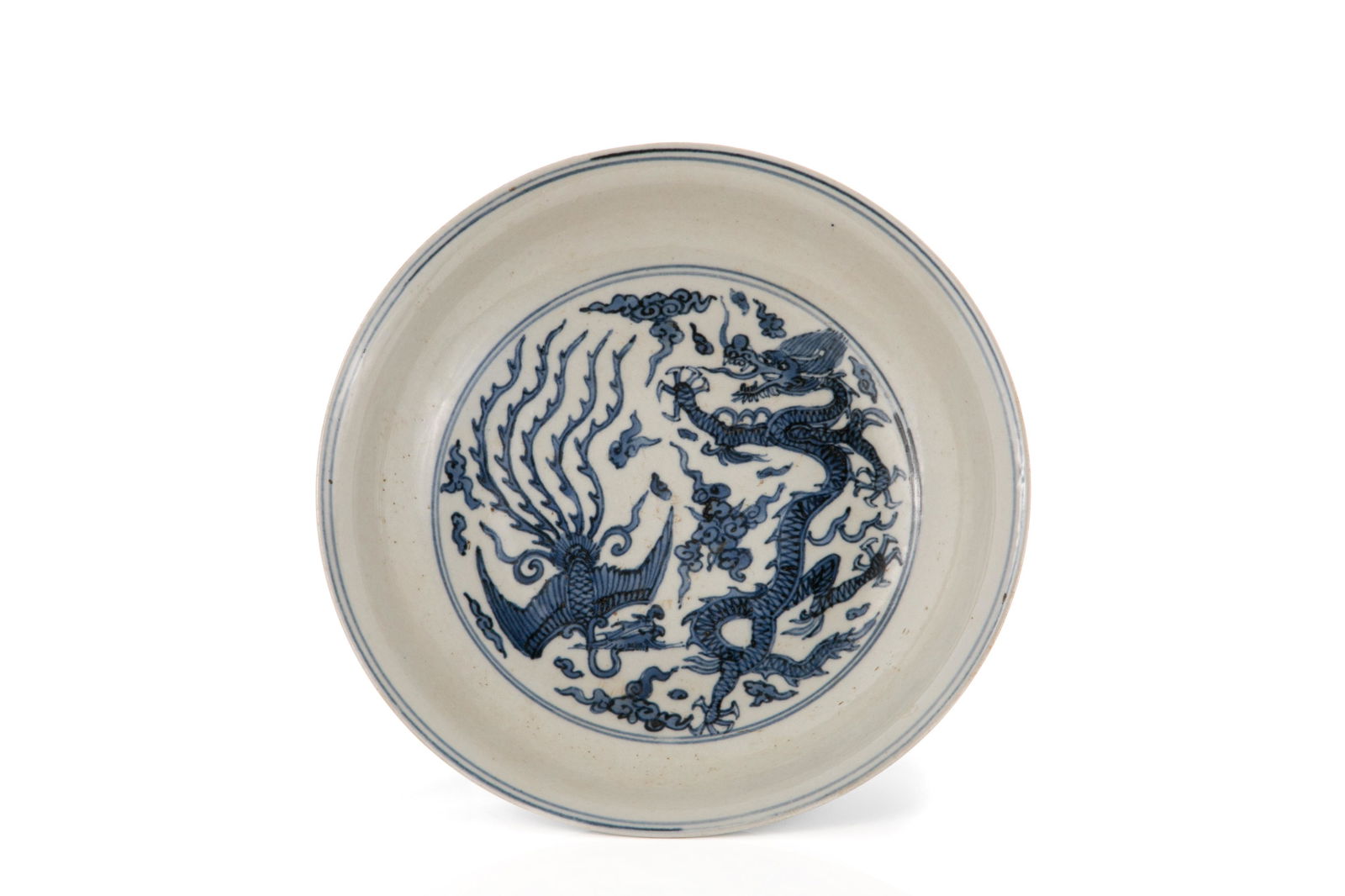 CHINESE BLUE & WHITE DRAGON PHOENIX PORCELAIN DISH (1 of 3)