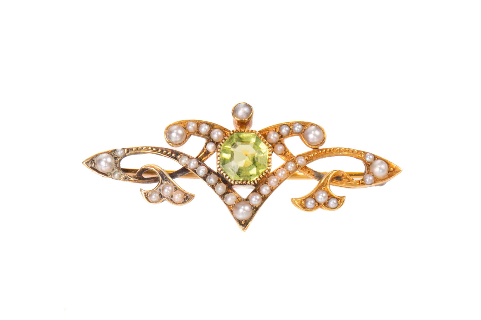 EDWARDIAN PERIDOT & SEED PEARL BROOCH, 3.5g (1 of 1)