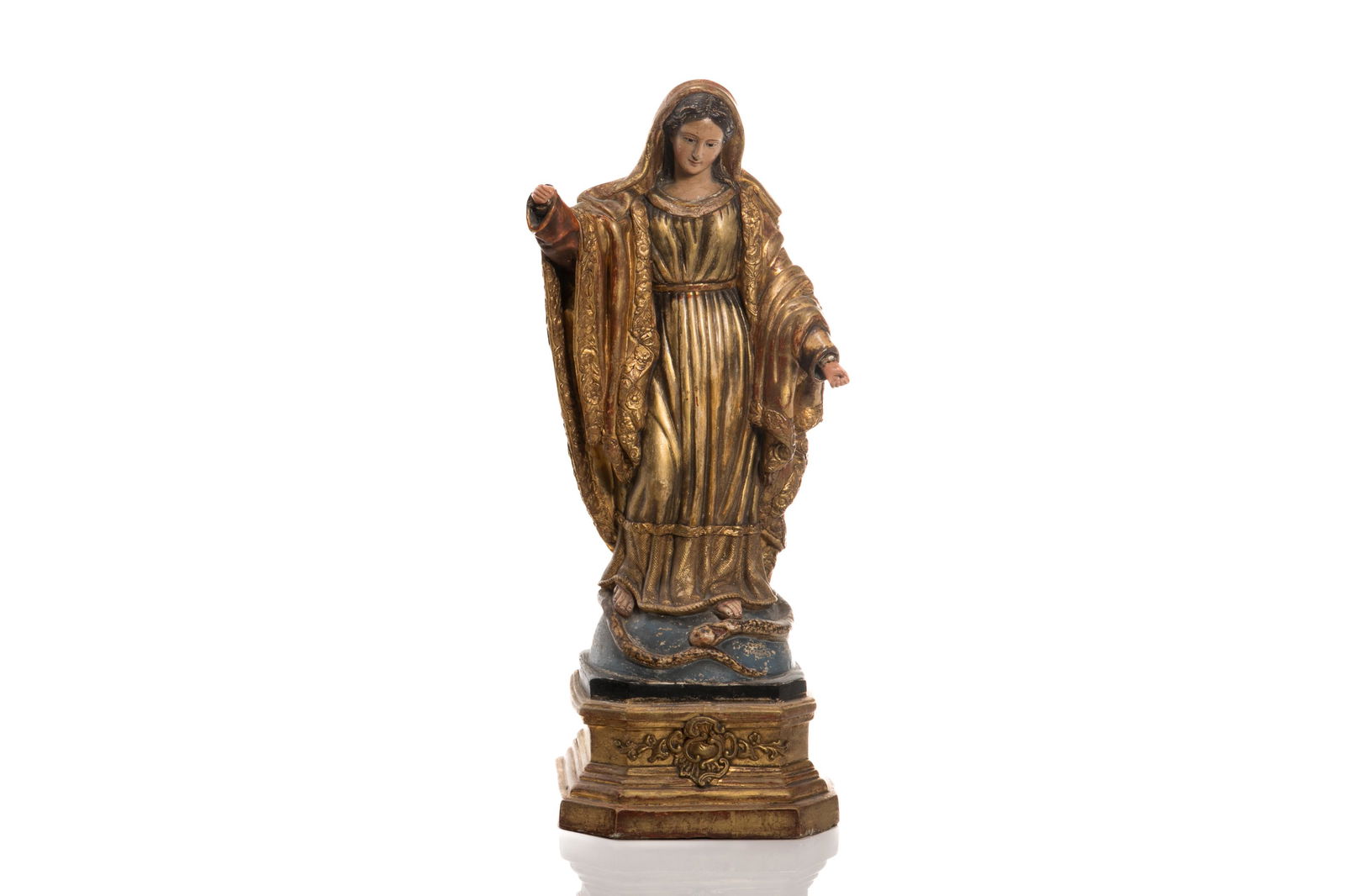 19th C POLYCHROME FIGURE OF THE VIRGIN MARY: A 19th century European polychrome and gilded papier mache figure of Mary, Queen of Heaven. Height 48 cm (19 in.)Condition Report Minor paint and gilding loss