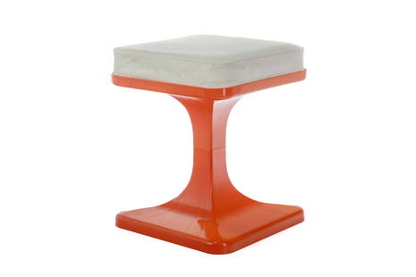 LUIGI COLANI SPACE AGE STOOL: With white leather seat and orange body. Impressed Luigi Colani for Sulo Caroline to base, 1970s. H. 18 1/2" W. 15 1/4" D. 15 1/4"