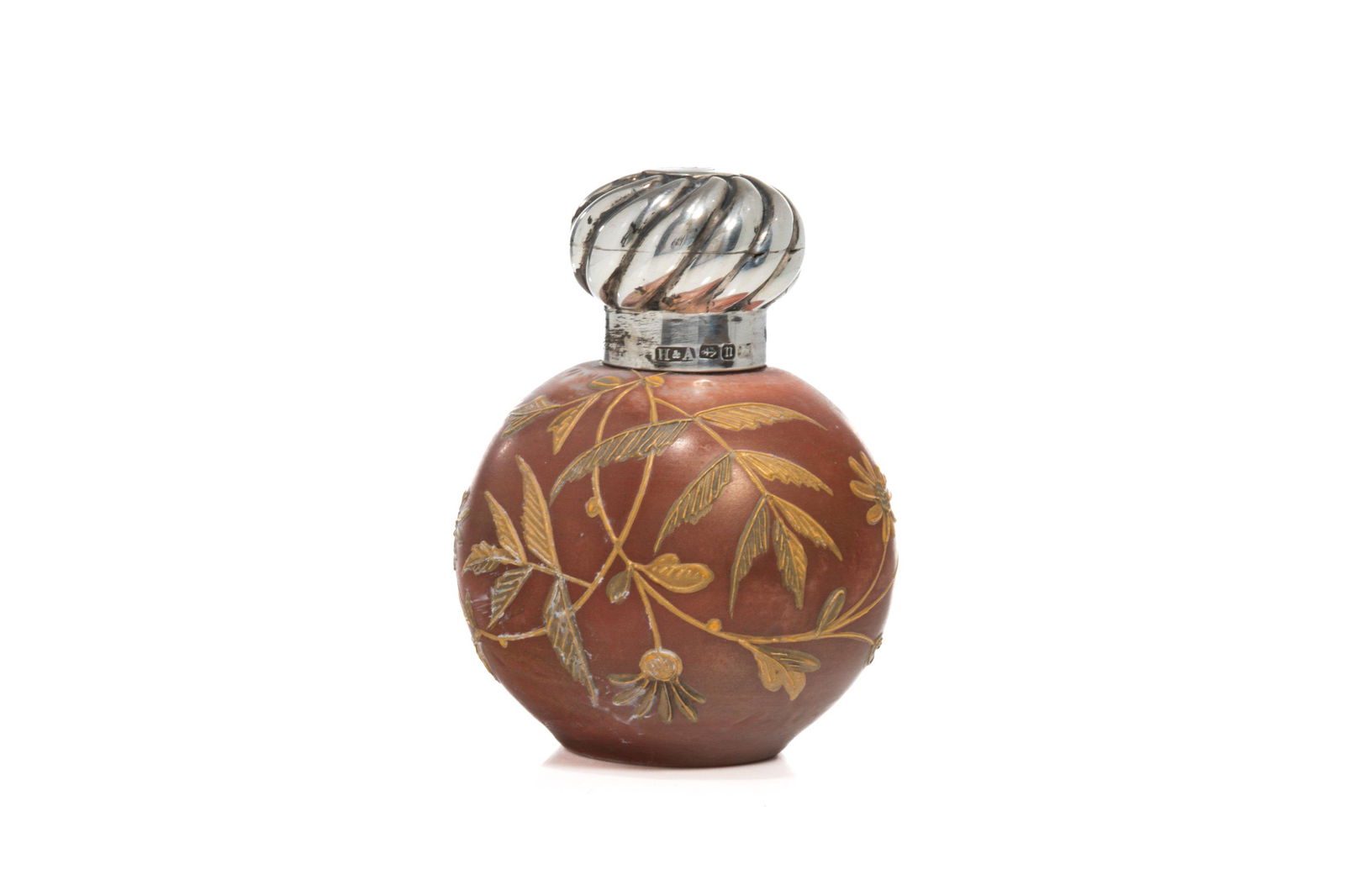 VICTORIAN ENAMEL GLASS & SILVER TOP SCENT BOTTLE: Probably an early Thomas Webb bottle painted in peachbloom type amber decorated with foliate enamel flowers, twist silver top hallmarked Birmingham, 1887, Horton & Allday. L: 2 1/2 in