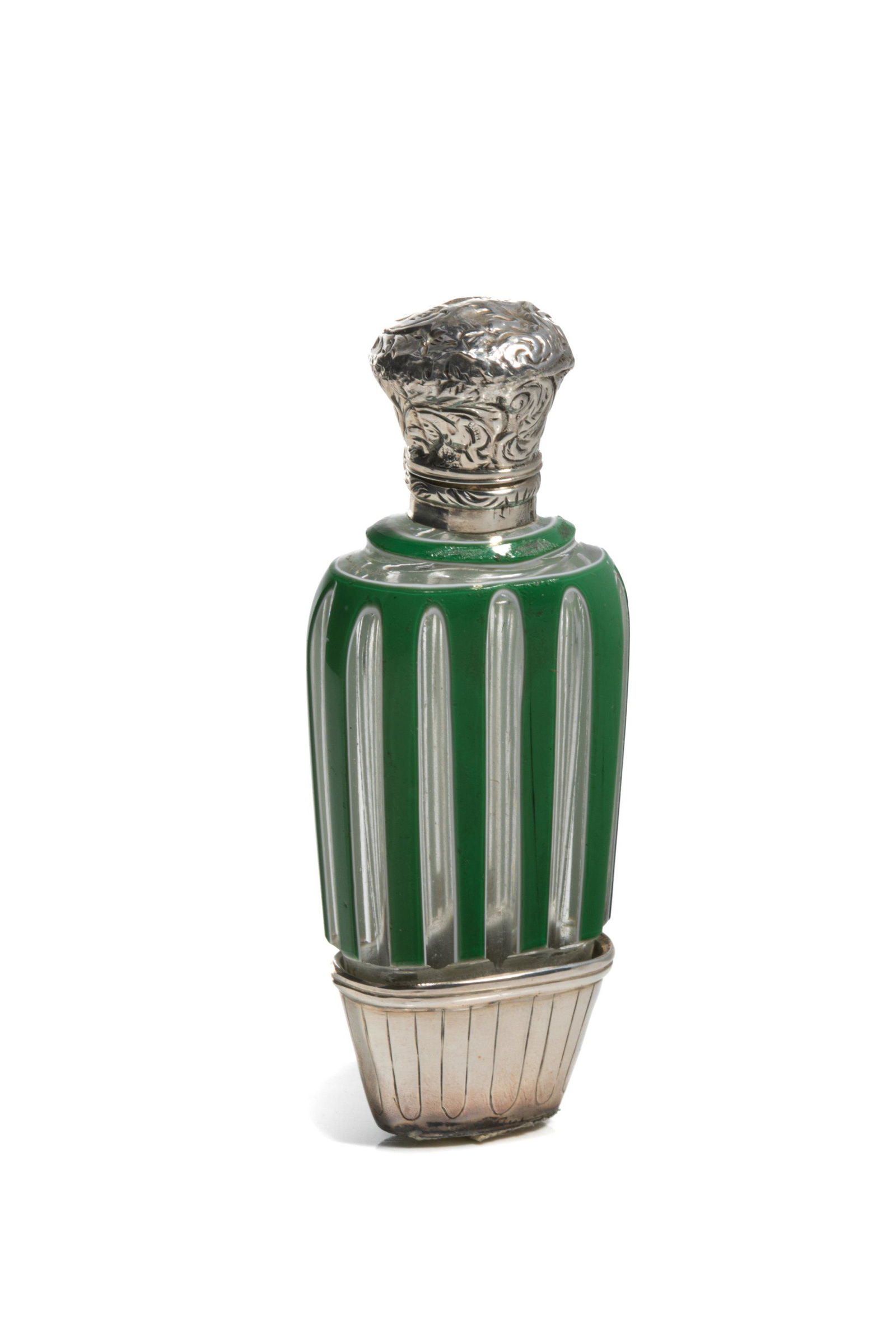 CASED GREEN & CLEAR GLASS SCENT BOTTLE (1 of 4)