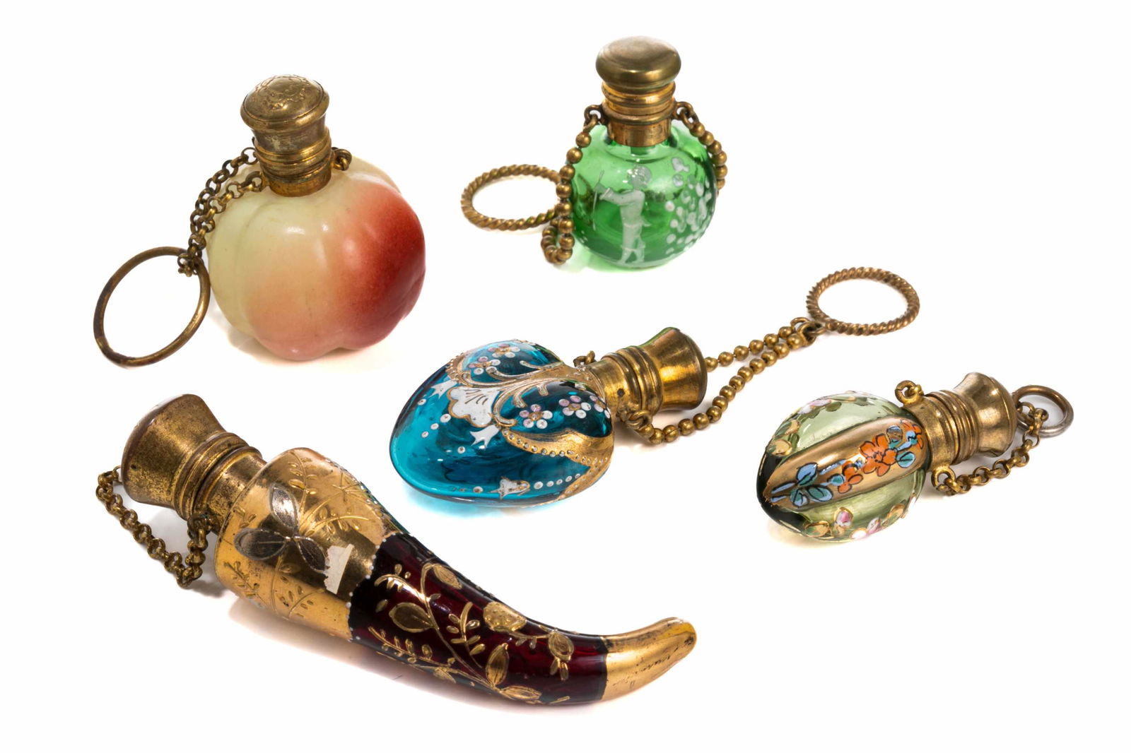 FIVE SMALL ANTIQUE GLASS SCENT BOTTLES (1 of 2)