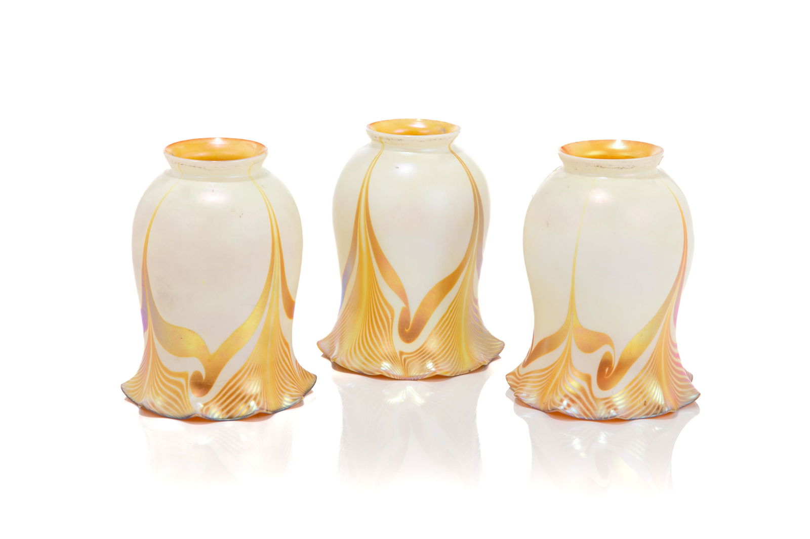 THREE STEUBEN FEATHERED AURENE GLASS SHADES (1 of 3)