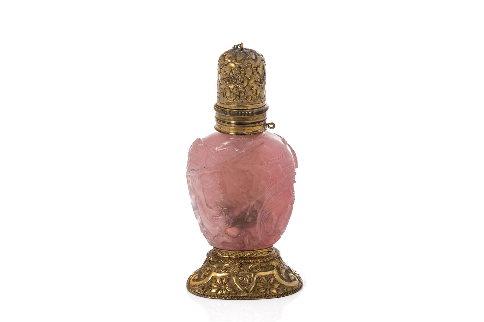 CHINESE ROSE QUARTZ SNUFF BOTTLE WITH GILDED MOUNT (1 of 5)