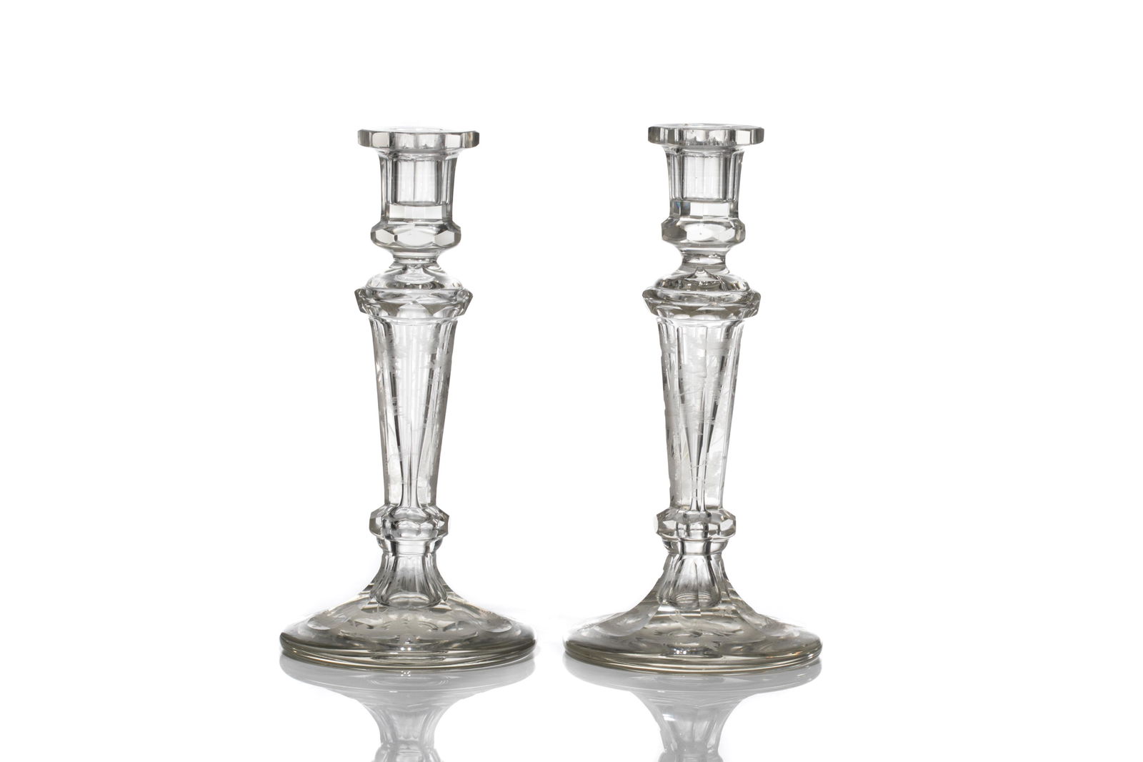 PAIR OF ANTIQUE ETCHED GLASS CANDLESTICKS (1 of 3)