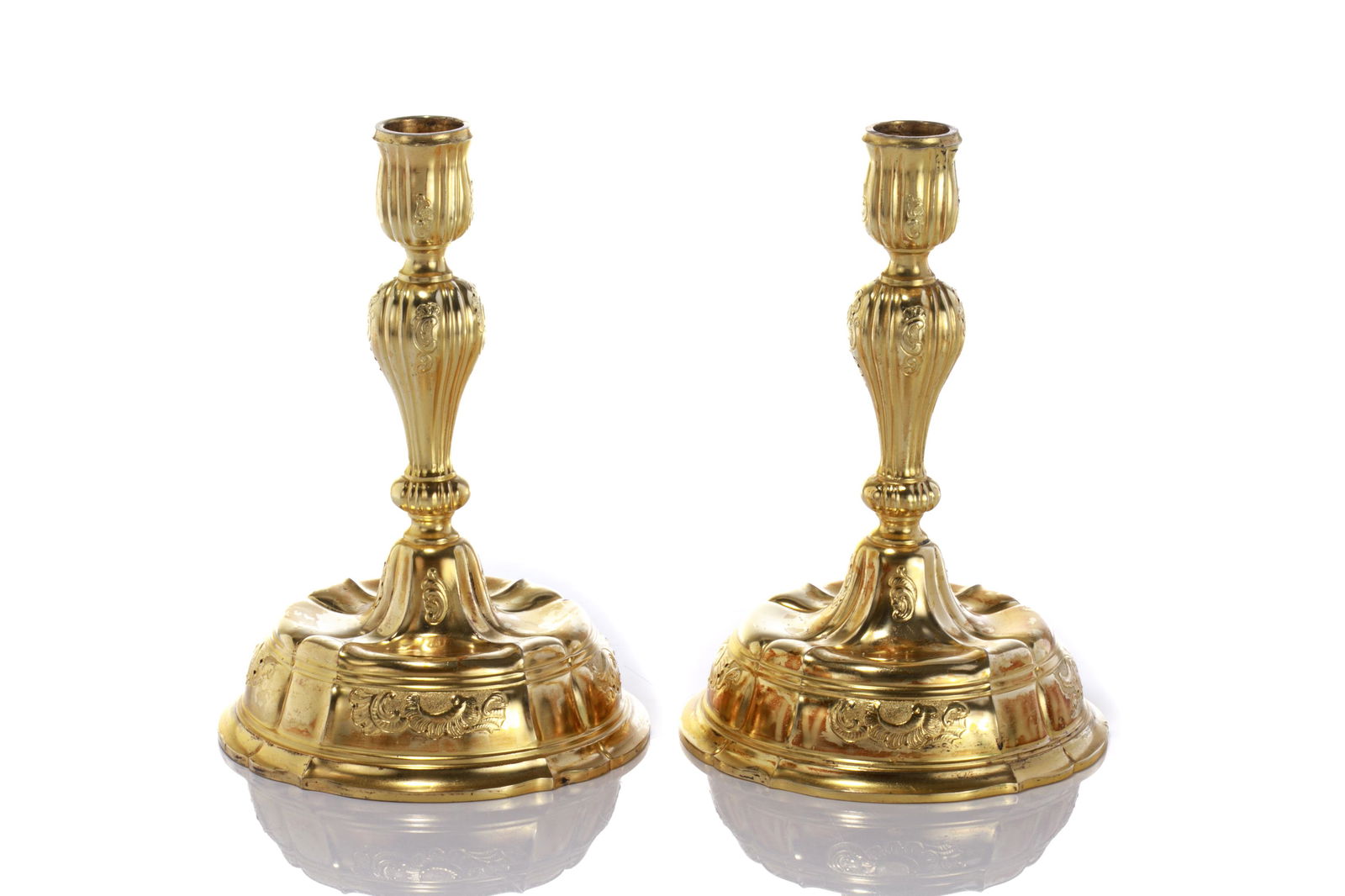 PAIR OF GEORG JENSEN SILVER GILT CANDLESICKS, 740g (1 of 4)