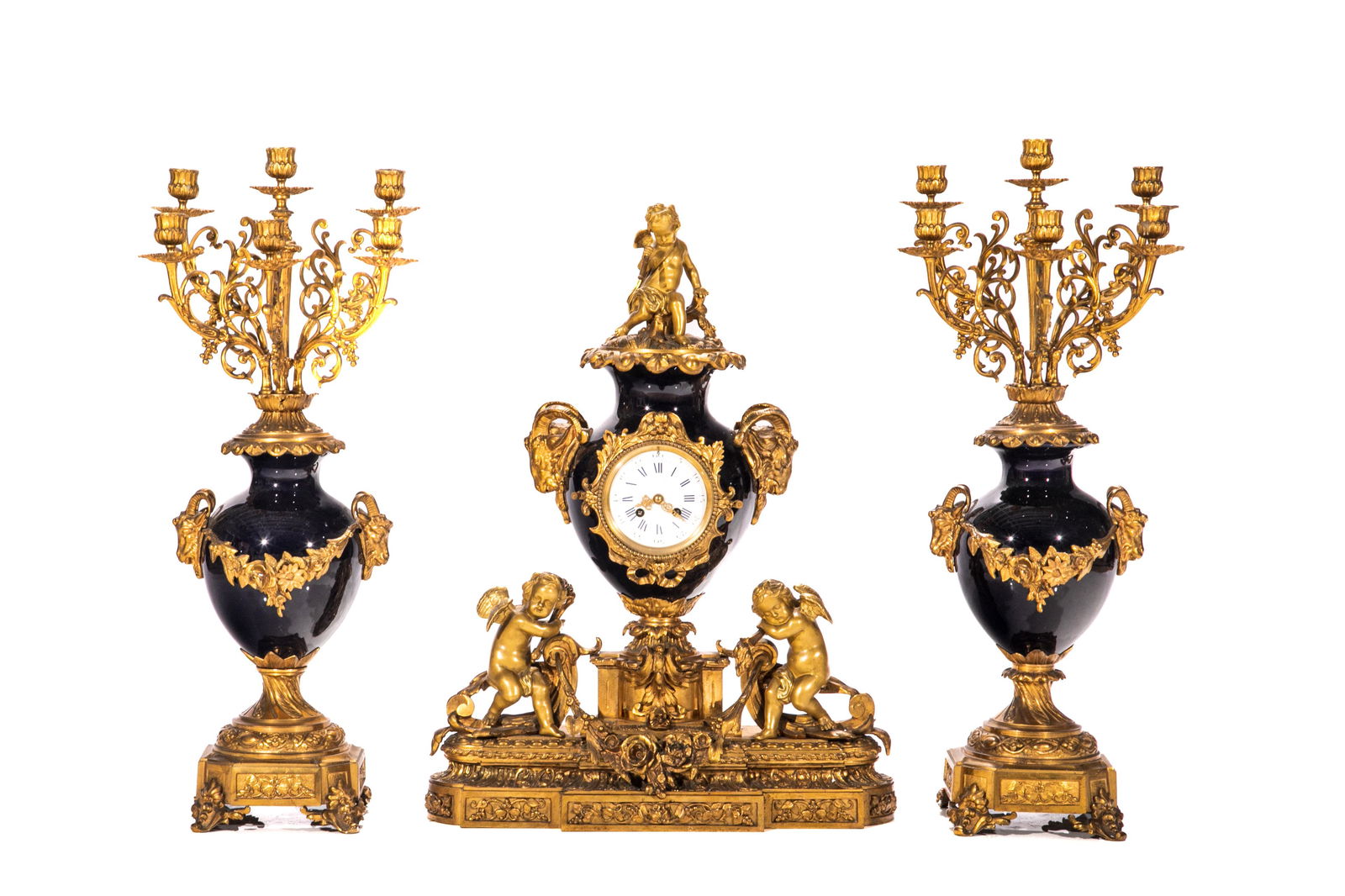 FRENCH PORCELAIN & GILT BRONZE CLOCK GARNITURE (1 of 4)