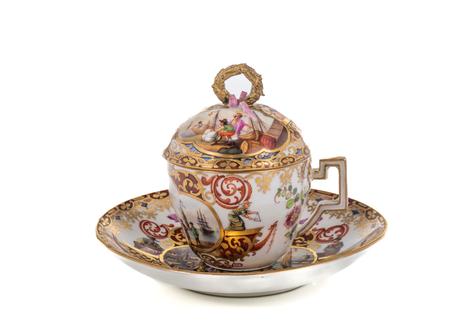 18th C FINELY PAINTED MEISSEN COVERED CUP & SAUCER (1 of 5)