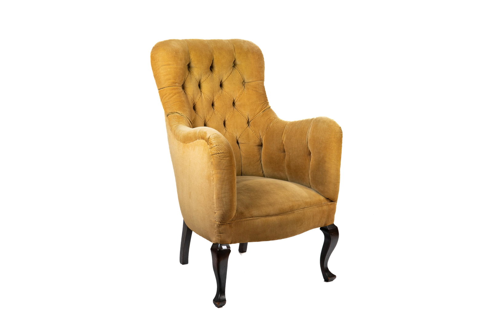 MUSTARD YELLOW CORDUROY UPHOLSTERED CHAIR: A tufted corduroy upholstered armchair with ebonized wood legs. H. 40 " W. 26" D. 28"