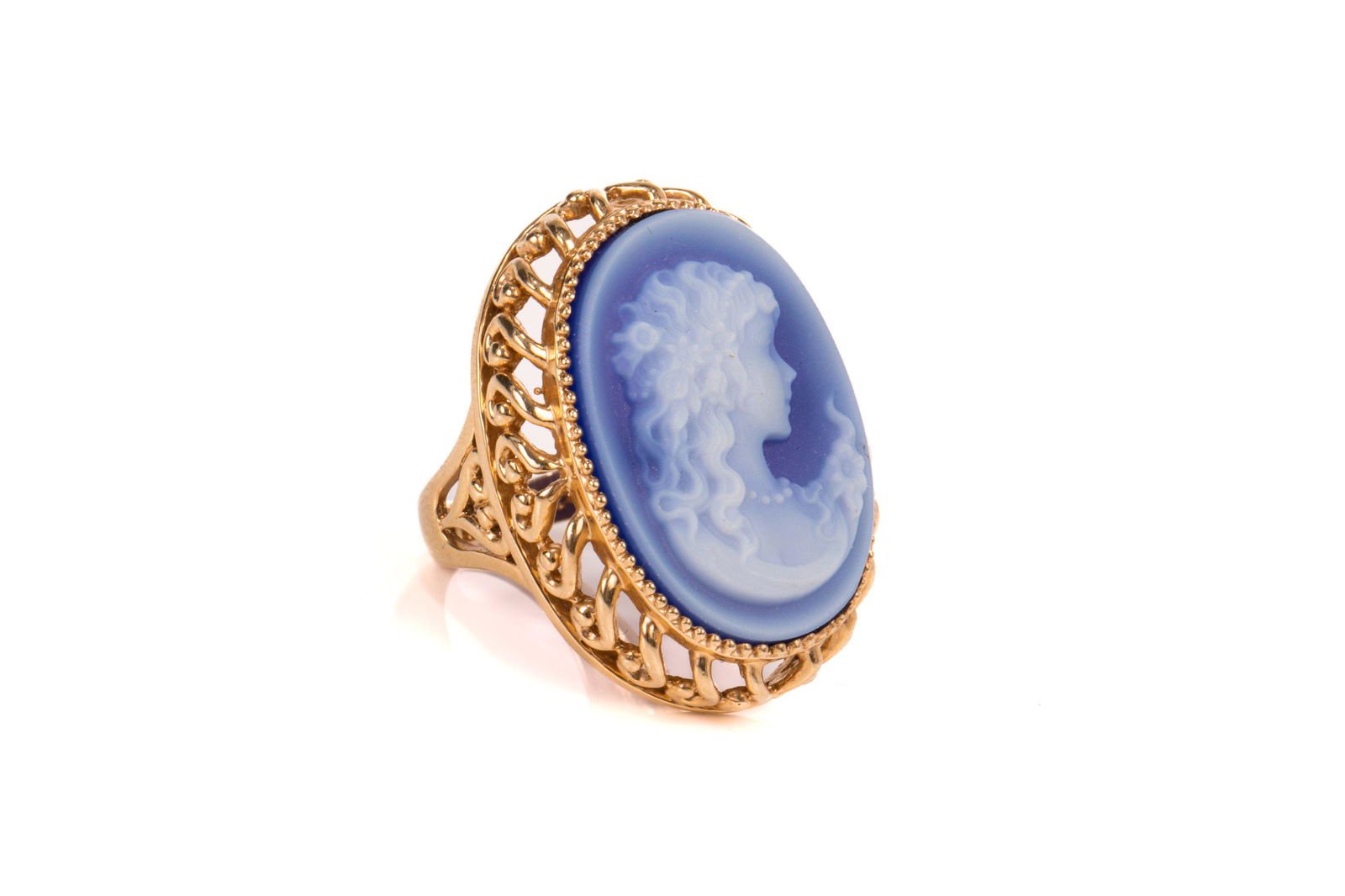 ANTIQUE 14K GOLD BLUE AGATE CAMEO RING, 13.6g (1 of 2)