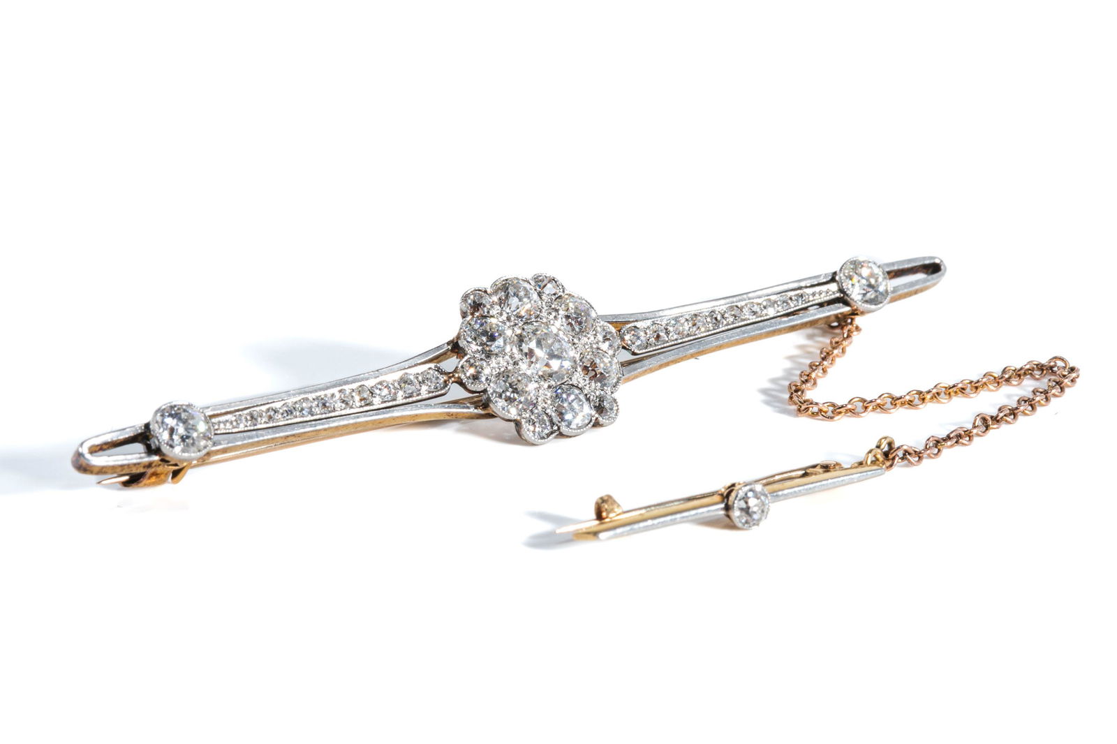 VICTORIAN 14K GOLD DIAMOND BAR BROOCH, 8.5g (1 of 4)