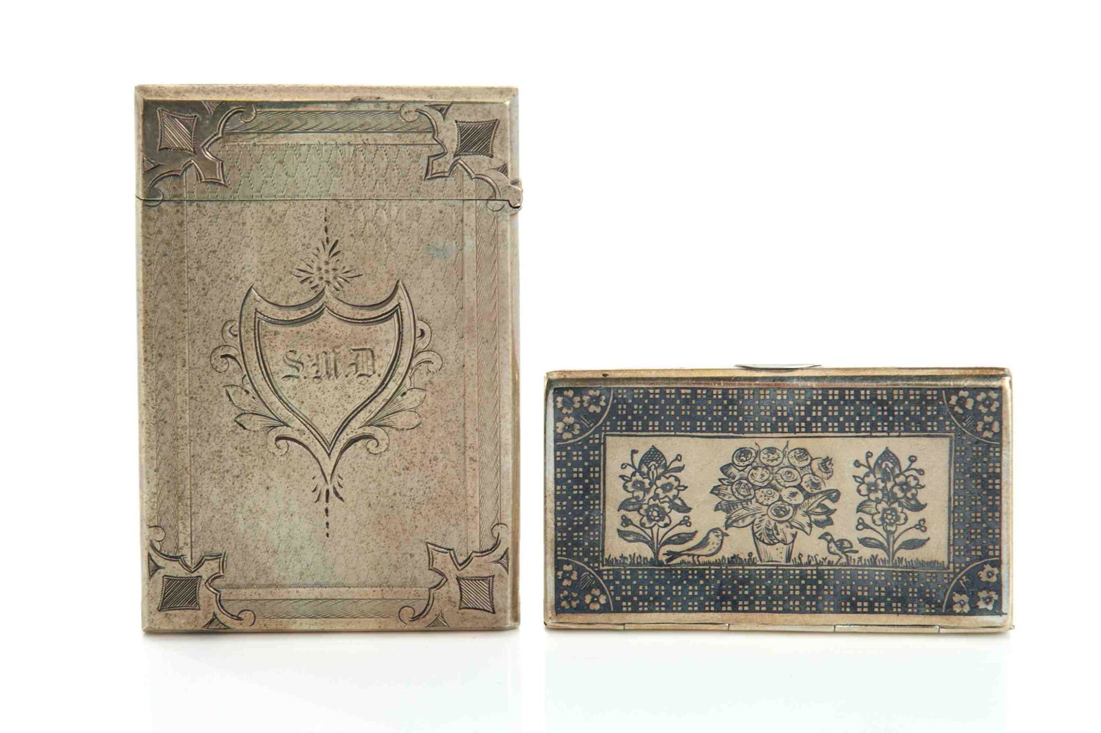TWO ANTIQUE NIELLO SILVER CARD CASES, 133g (1 of 3)