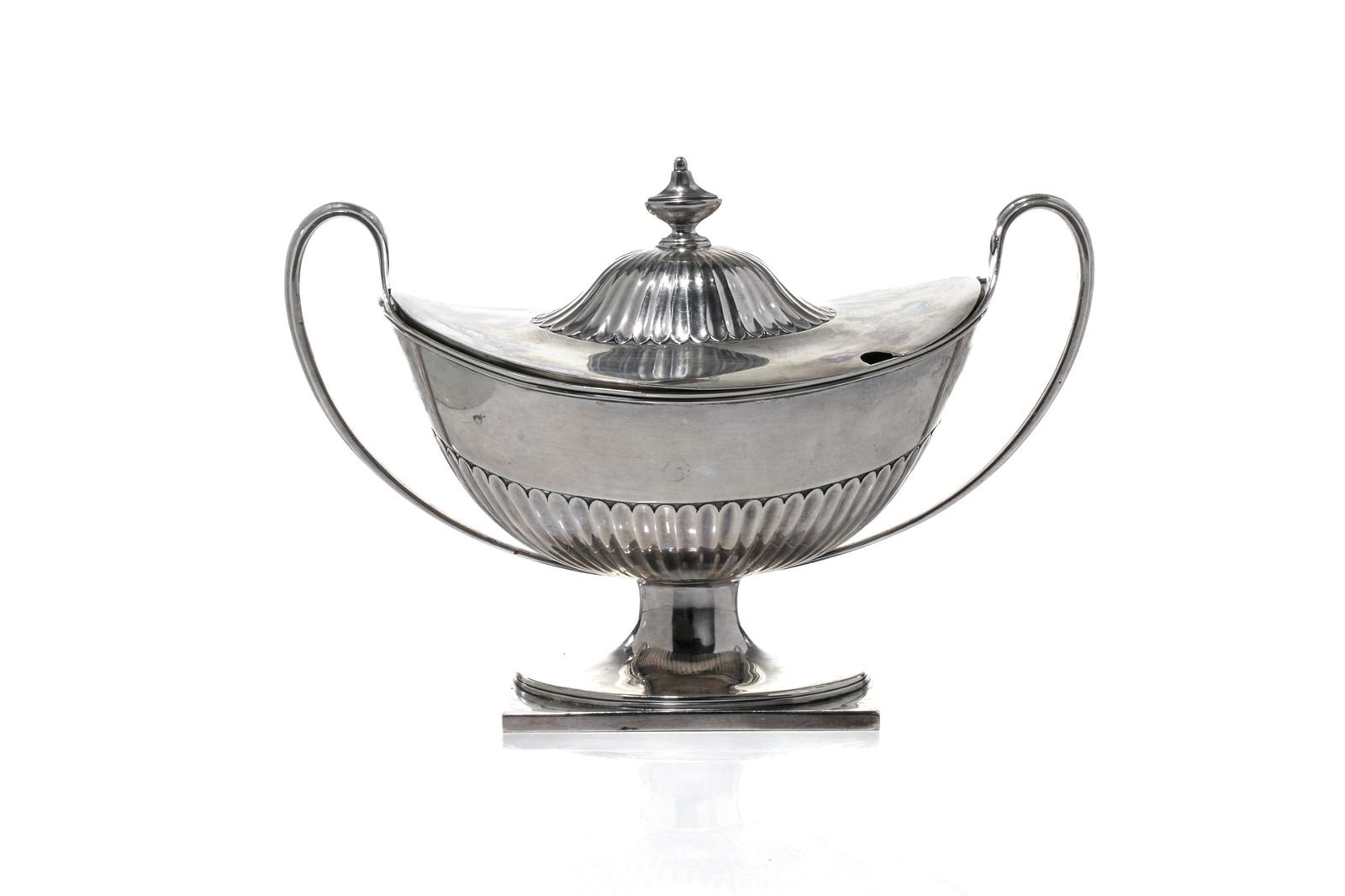 LATE VICTORIAN ENGLISH SILVER SAUCE TUREEN, 688g: In the Georgian boat shaped form with two handles and urn finial, London, 1896, Charles Stuart Harris.W 26cm (10 1/4in) Minor area of solder repair to underside of one handle.