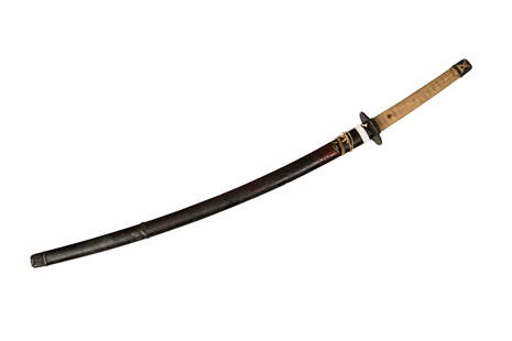 OSAFUNE NORIMITSU, JAPANESE ODACHI SWORD: Japanese, odachi sword signed Bishu Osafune Norimitsu. Having samegawa hilt, densely decorated saya with kurigata. L. 103 cm (40 1/2 in.)