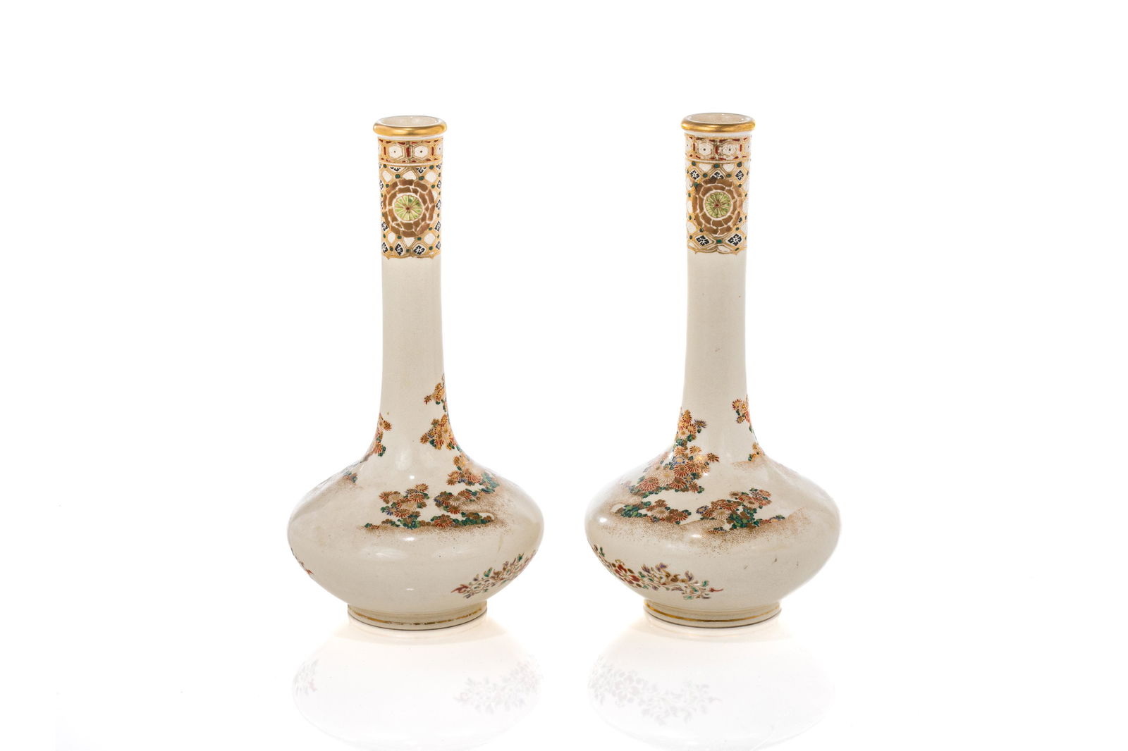 PAIR OF JAPANESE SATSUMA POTTERY BOTTLE VASES (1 of 4)