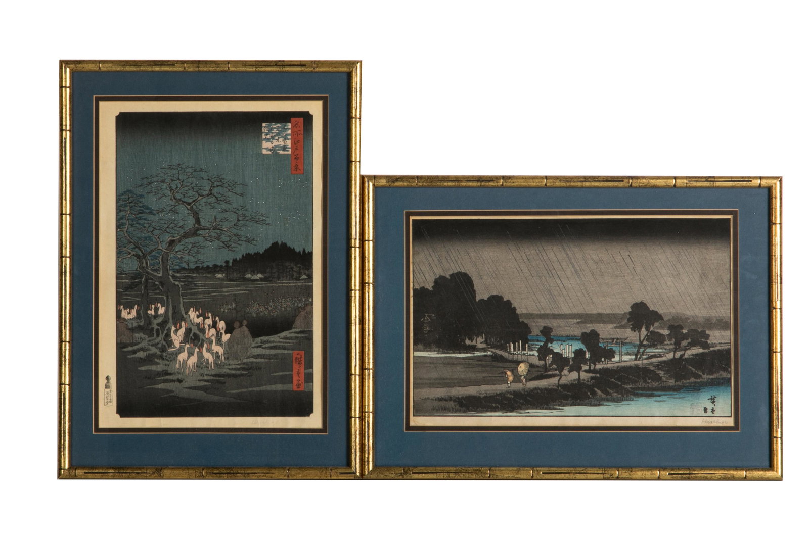 UTAGAWA HIROSHIGE, TWO JAPANESE WOODLBLOCK PRINTS: Including woodblock print "Night Rain at Azuma Forest" and "New Year's Eve Foxfires at Nettle Tree, Oji" by Utagawa Hiroshige (Japanese, 1797-1858). Visible image: 36.1 x 24.5cm (14 1/4 x 9 5/8 in.), 