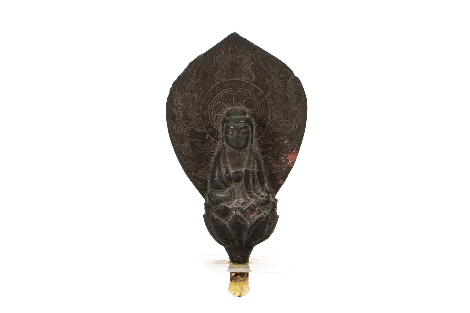 JAPANESE KAMAKURA BRONZE AMIDABA BUDDHA: Japanese, possibly 12th Century. Bronze Kamakura Amida Buddha seated on a lotus crown, having fine incised decorations to the nimbus. Undecorated to the back. Having tapering bottom, set on a luciteba