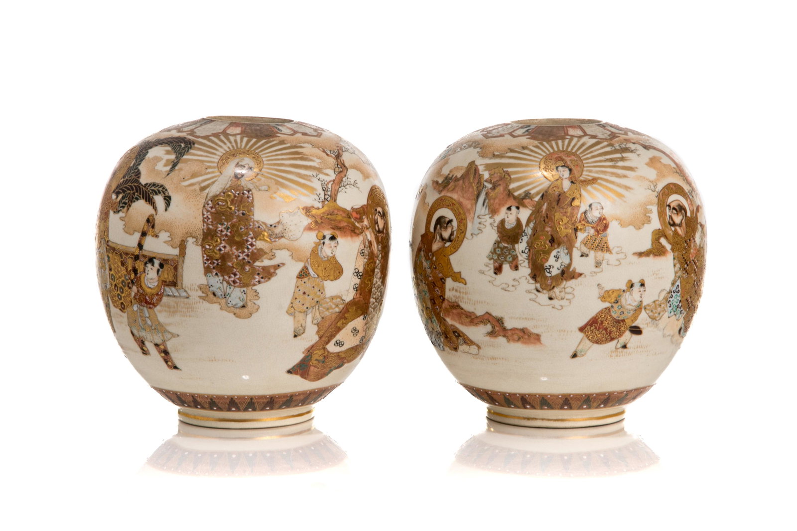 PAIR OF JAPANESE SATSUMA POTTERY VASES: Japanese, Meiji period, 19th century, pair of Satsuma pottery vases feature continuous figural scenes with raised texture on the figures, with gilt enamelled decorations and fine cracksthroughout the 