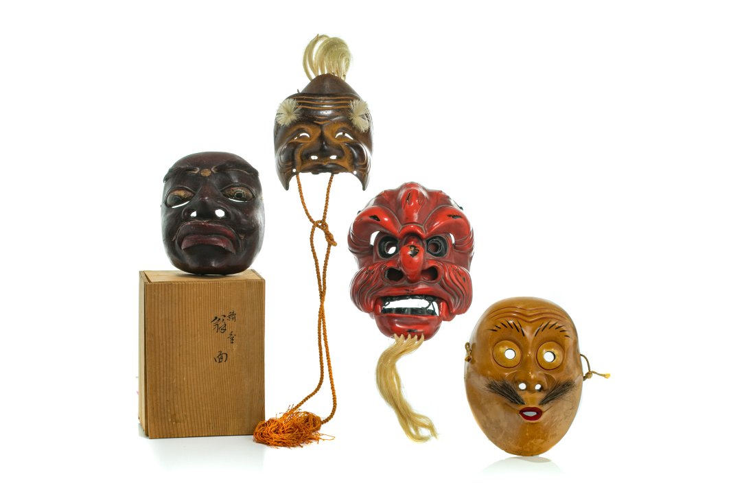 A GROUP OF FOUR JAPANESE NOH MASKS (1 of 1)