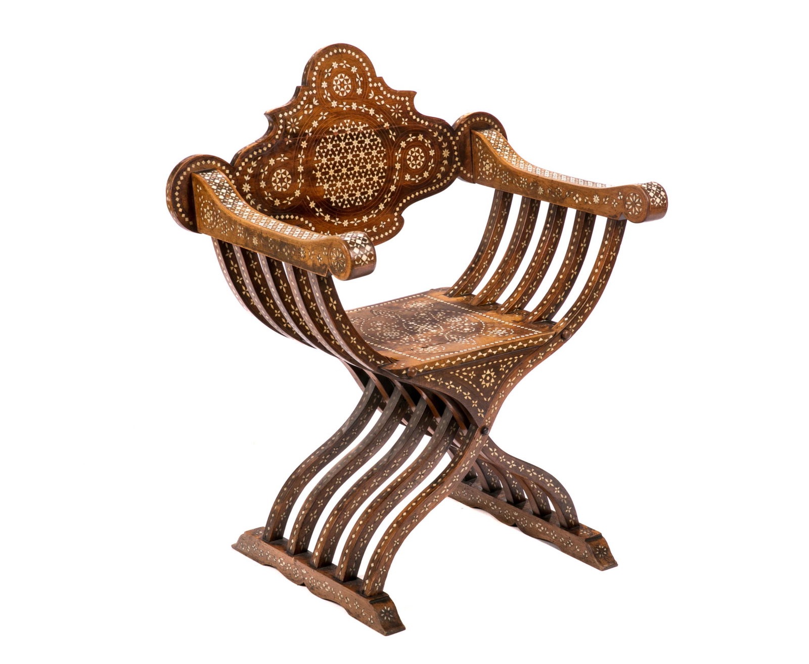 ANTIQUE SYRIAN COLLAPSIBLE ARMCHAIR: With carved and inlay detail. H: 36 1/2'' W: 29 1/2'' D: 21''