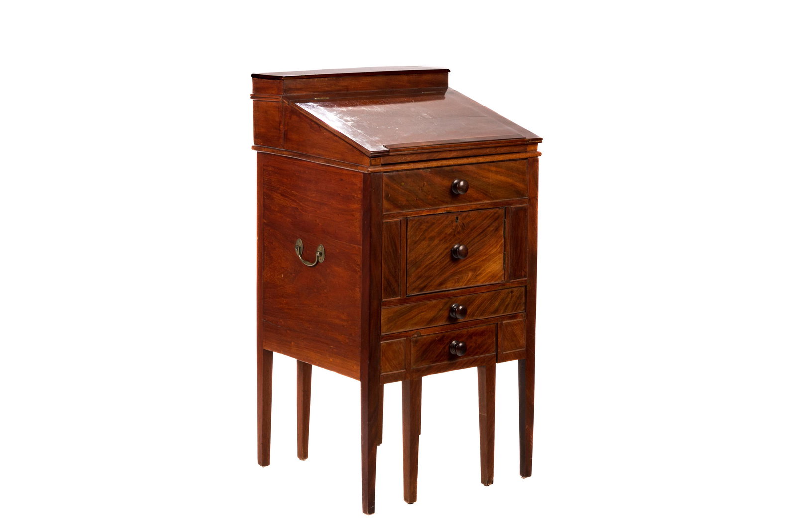ENGLISH MAHOGANY GENTLEMAN'S CAMPAIGN WASHSTAND: A Georgian English mahogany washstand with handles on either side. The chest with a hinged lead-lined water compartment over a top section that opens to reveal Spode Copeland porcelain wash basin and 