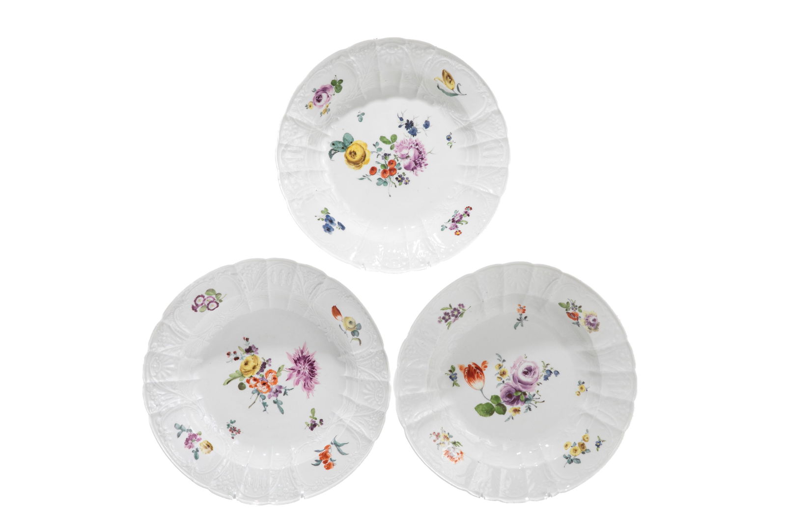 THREE 18th C MOULDED MEISSEN PORCELAIN SOUP BOWLS (1 of 4)