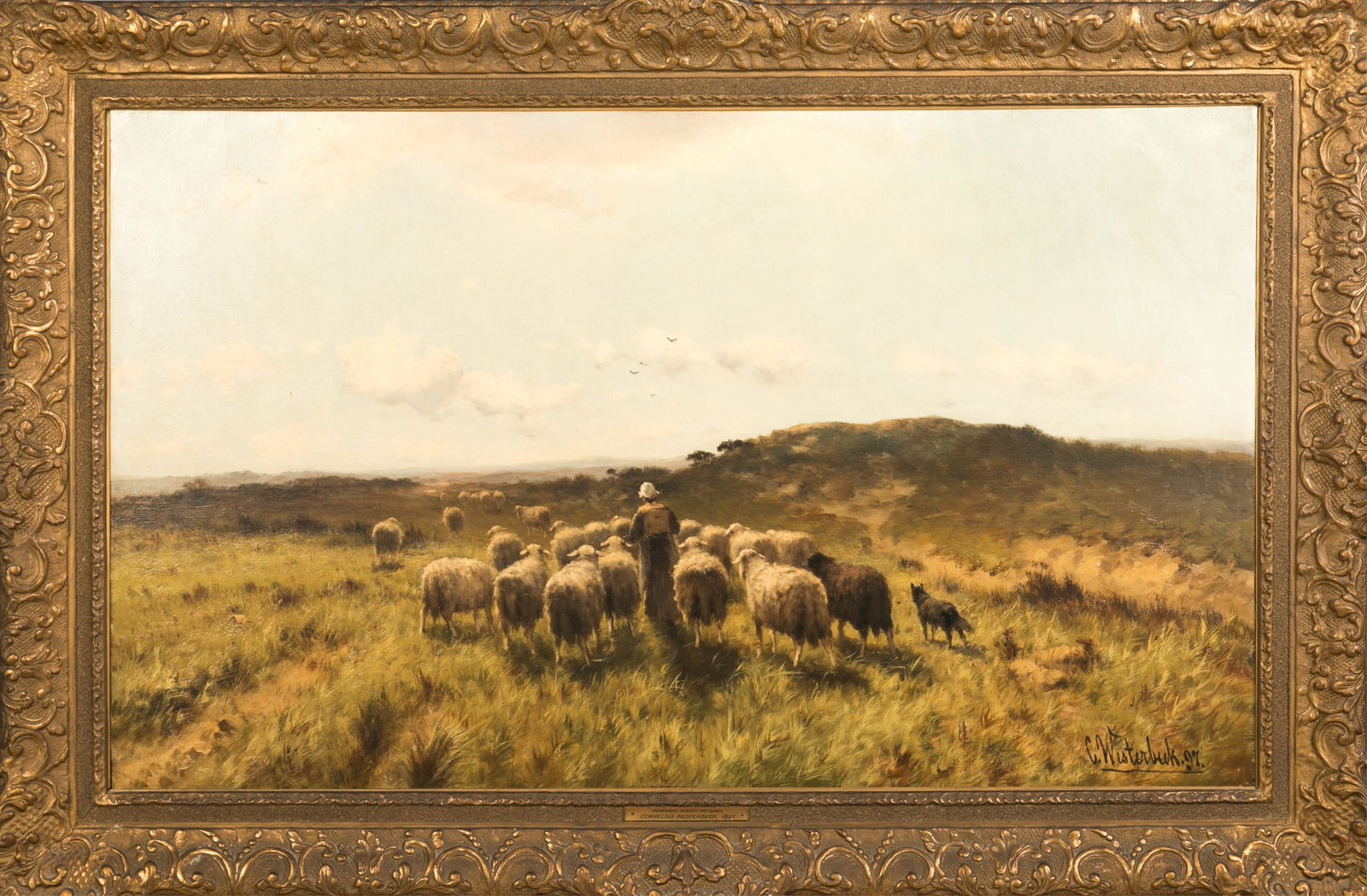 CORNELIS WESTERBEEK (Dutch, 1844-1903): Homeward Across The Dunes Oil on canvas Signed bottom right Dated 1897 H. 30 1/2", W. 46 1/2" (frame) H. 23 1/4", W. 39 1/4"