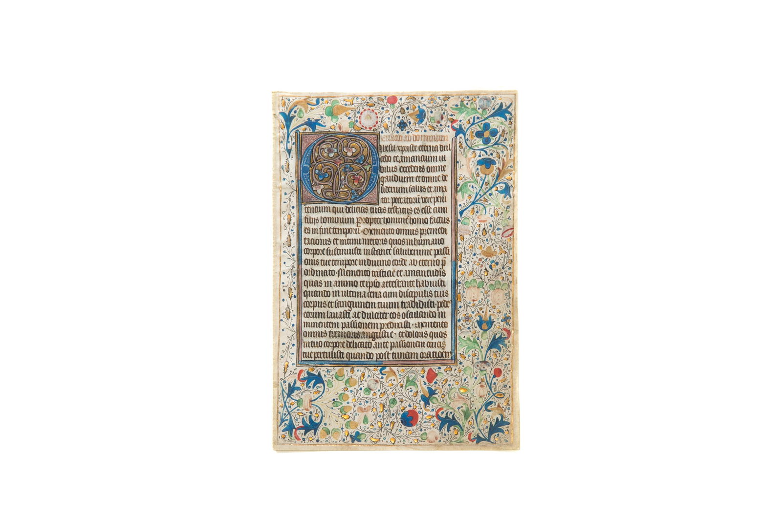 BOOK OF HOURS, ILLUMINATED LEAF, FRENCH (15th C): Single leaf from a fifteenth-century illuminated book of hours created in a French workshop. Recto contains 22 lines of Latin text from the Fifteen Os of St. Bridget of Sweden together with an illumin