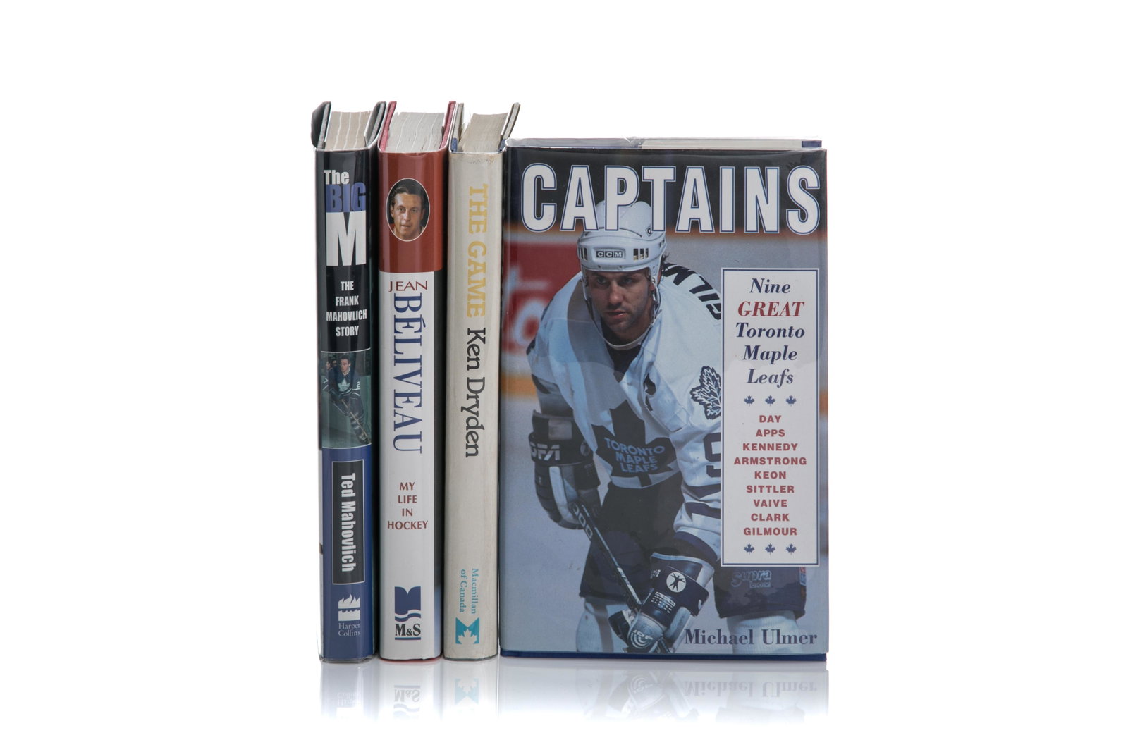 LOT OF AUTOGRAPHED HOCKEY BOOKS (4 VOLS): Includes: Mahovlich, Ted. THE BIG M: THE FRANK MAHOVLICH STORY (Toronto: Harper Collins Canada, 1999); Signed by Ted and Frank Mahovlich. Also includes two hockey cards for Frank Mahovlich. Beliveau, 