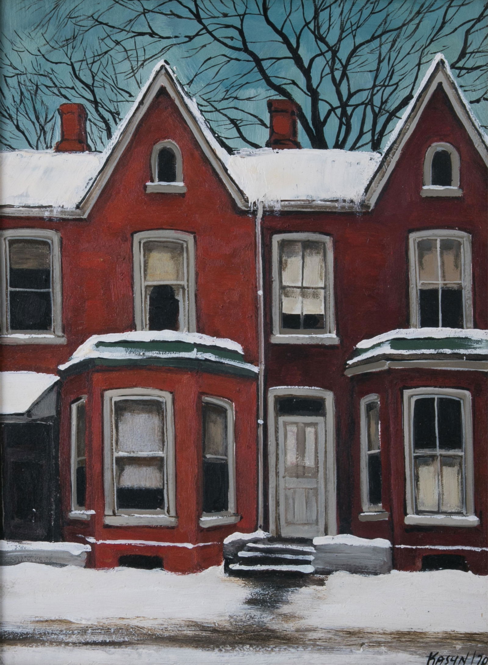 JOHN KASYN (Canadian, 1926-2008): Off Montague St. (Toronto) Oil on masonite board Signed and dated '70 lower right H. 12" W. 9" Provenance: Remnants of Gallerie Ustel (Toronto) label on verso