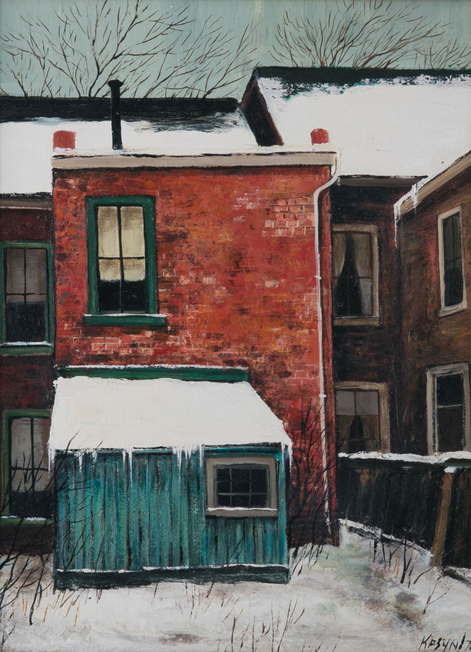 JOHN KASYN (Canadian, 1926-2008): Back Yard on Major Street (Toronto) Oil on masonite board Titled and signed by the artist on verso H. 12" W 9" Provenance: Gallerie Ustel (Toronto)