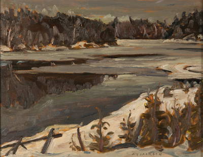 ALEXANDER YOUNG JACKSON (Canadian, 1882-1974): Madawaska River (March 1960) Oil on board Signed lower right H. 12" W. 14" Provenance: Title and date on verso together with artist's signature and "Loosemore" (possible family name / gift inscription